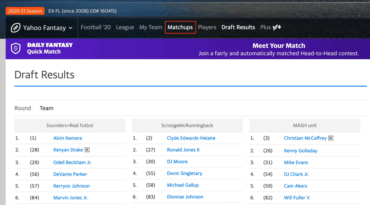 Select matchups option